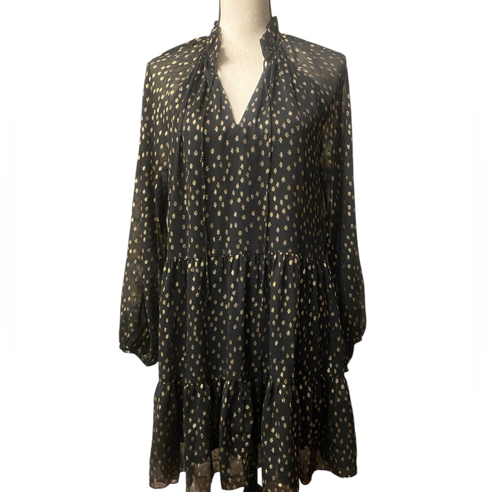 Women’s Black Gold Metallic Print Sheer Sleeve Tiered Smock Lined Dress size 8